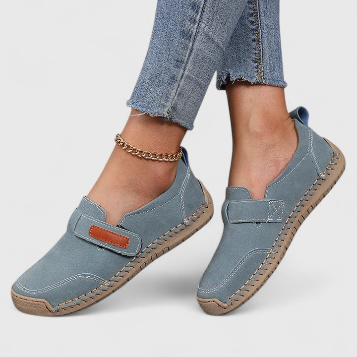 Comfortable slip-on everyday shoes shown in blue, khaki and green