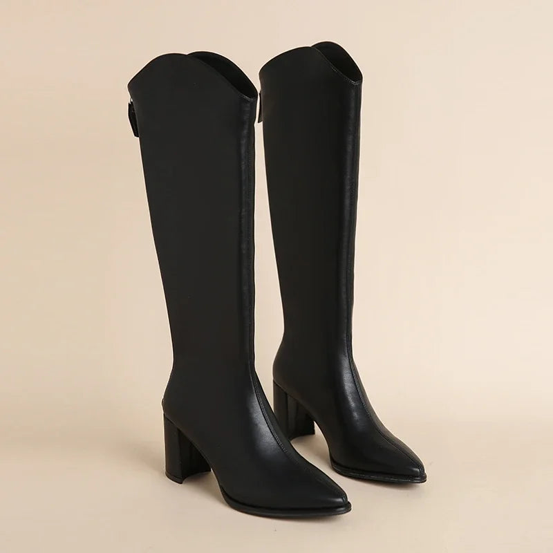 Knee-high block heel boots with zip closure in black, beige and brown
