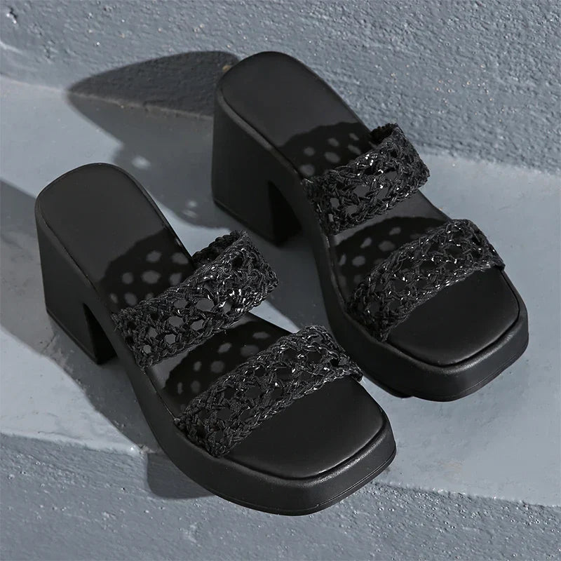 Chunky platform heels with wide braided straps, square toe and block heel