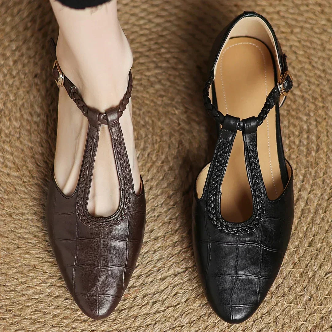 Classic Mary Jane flats shown in brown and black