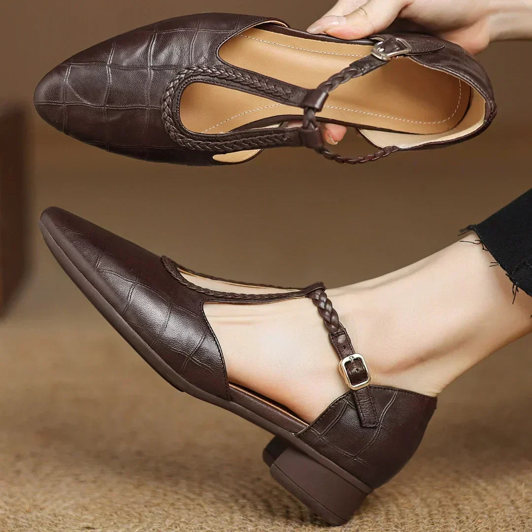 Classic Mary Jane flats shown in brown and black