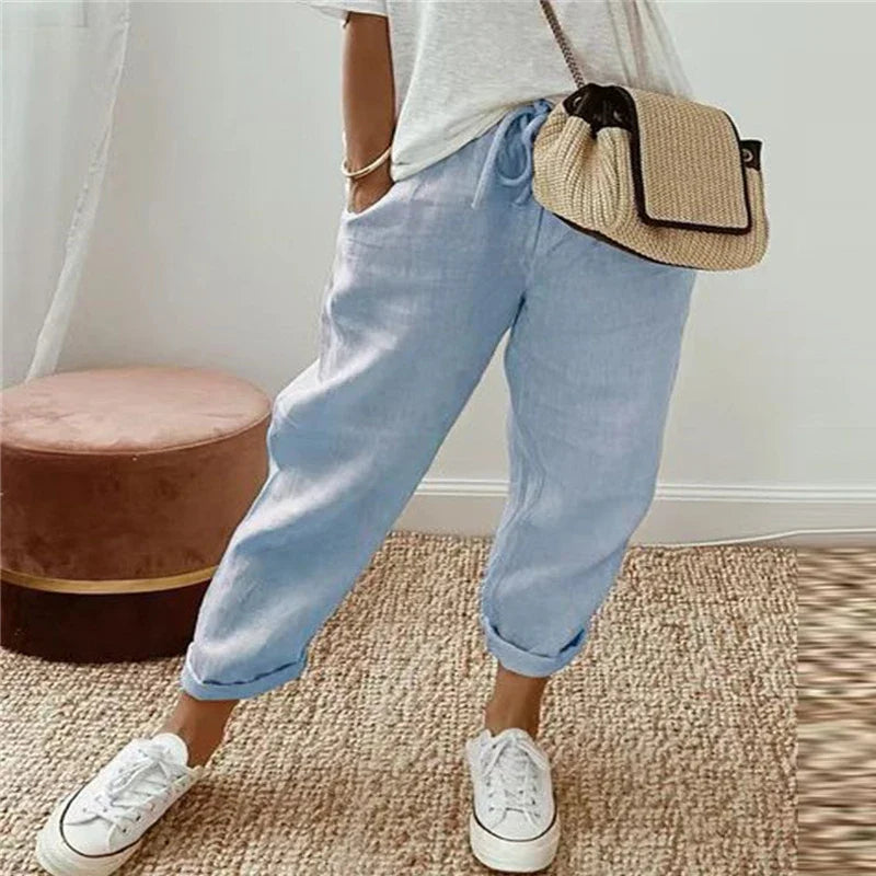 Ismeria light blue ethnic retro print pull-on pants with a relaxed straight-leg fit