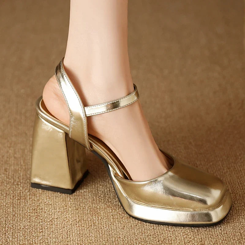 Flare heel closed-toe leather sandals in gold and silver