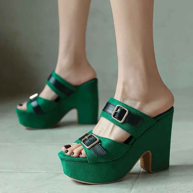Chunky platform heeled suede sandals with dual buckle straps in vibrant colours