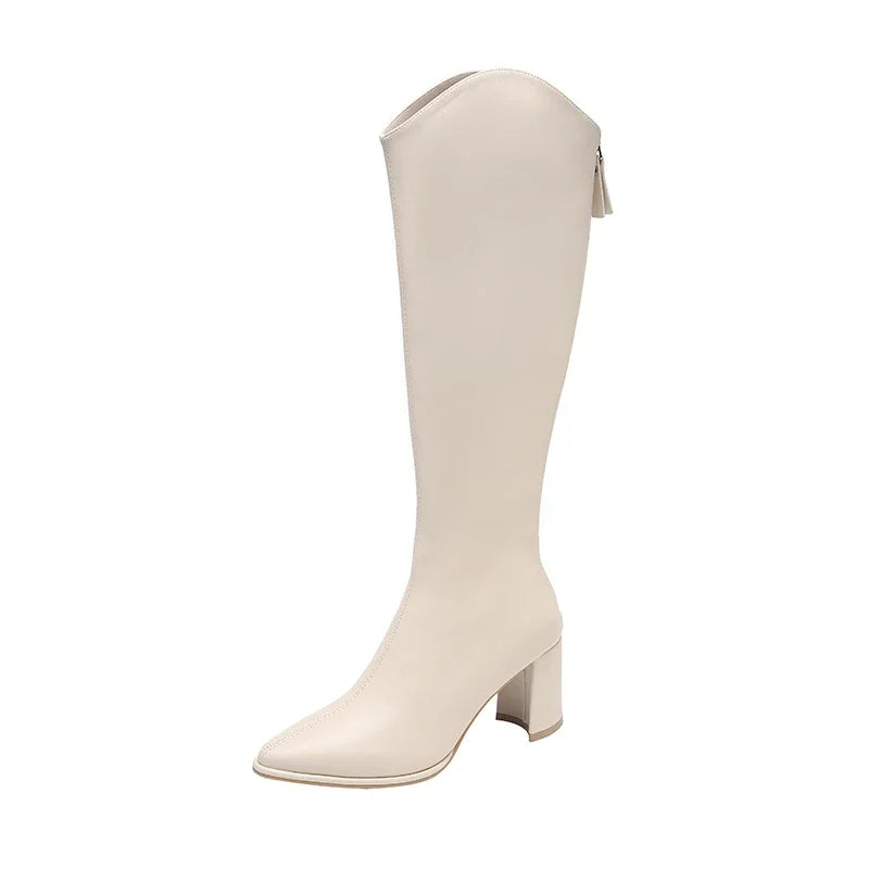 Knee-high block heel boots with zip closure in black, beige and brown