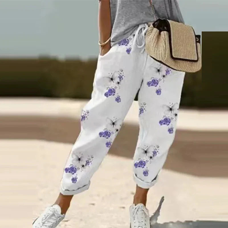 Blue ethnic retro print pull-on pants with straight-leg silhouette and drawstring waist