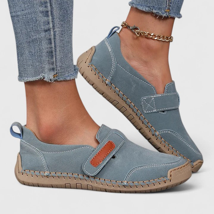Comfortable slip-on everyday shoes shown in blue, khaki and green