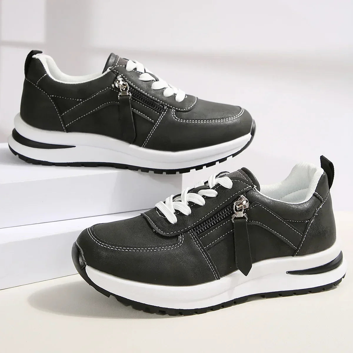 Vanessa lace-up platform sneakers with side zipper in brown and black