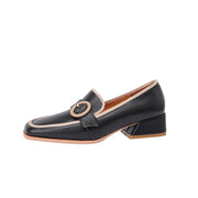 Premium Italian leather slip-on loafers with a low heel in black, white and khaki