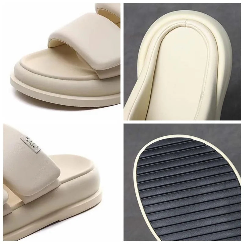 Soft leather flat sandals with 2cm heel in black and beige tones