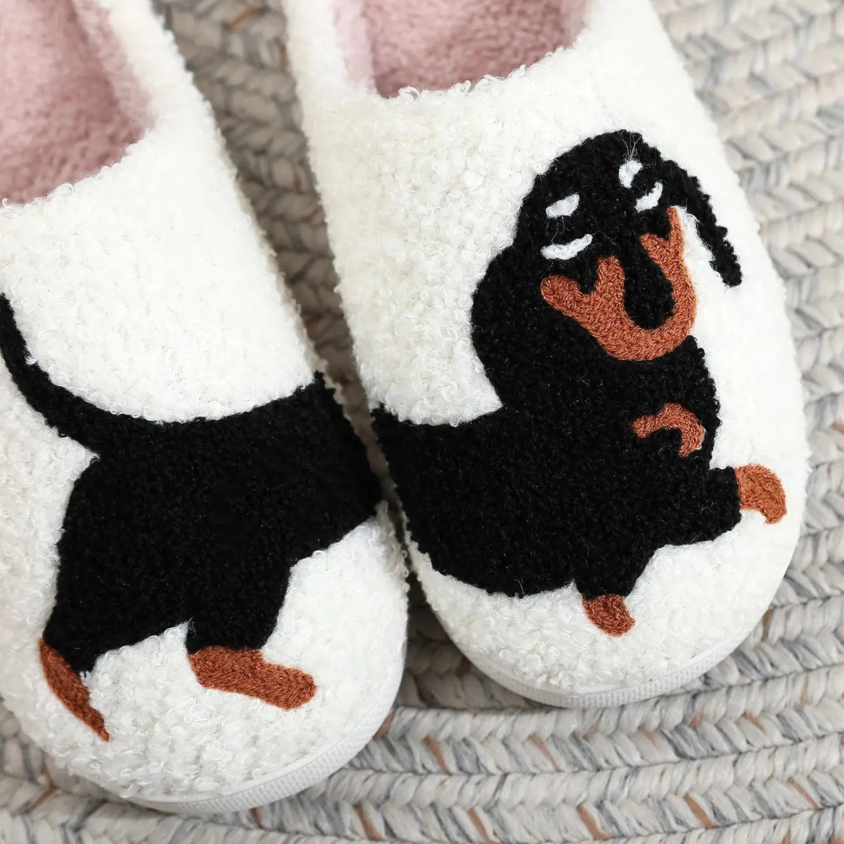 Dachshund novelty slippers with cushioned insole and non-slip white sole