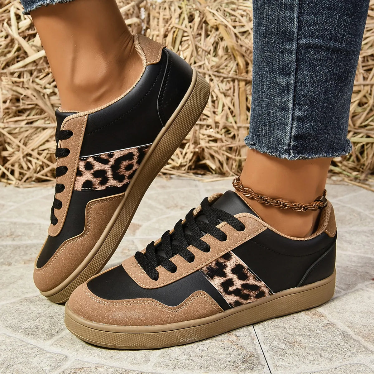 Leopard-print low-top sneakers with suede-texture panels in beige and black