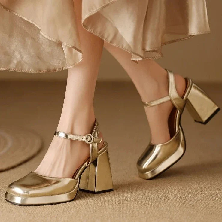 Flare heel closed-toe leather sandals in gold and silver