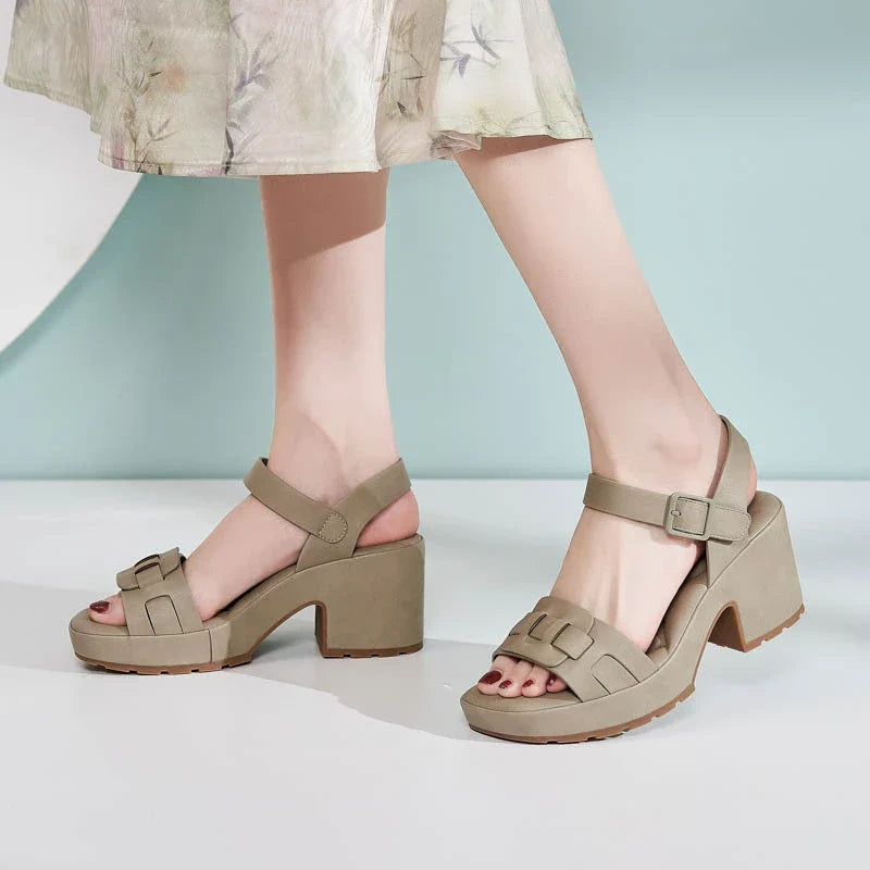Womens triple-strap block heel platform sandals with adjustable ankle strap in beige, black and khaki