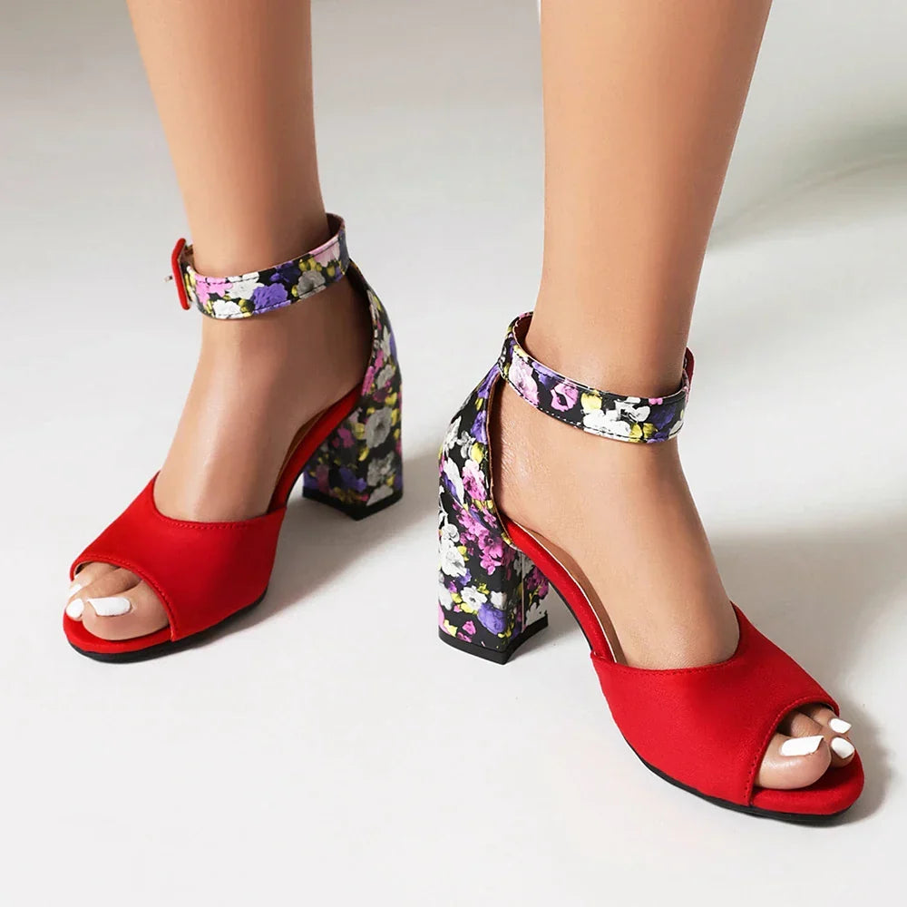 Floral-print peep-toe block heel sandals with adjustable buckle ankle strap in vibrant shades