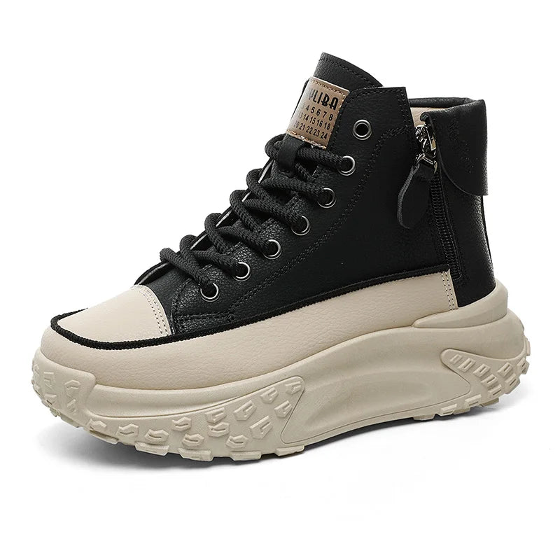 Platform high-top sneakers with side zippers and chunky sole in white, beige and black