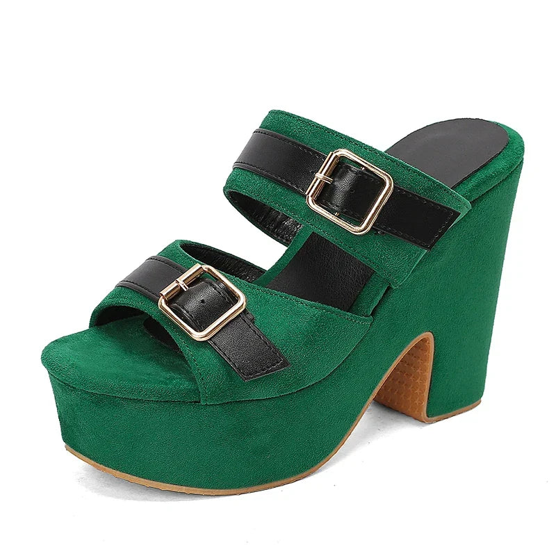Chunky platform heeled suede sandals with dual buckle straps in vibrant colours
