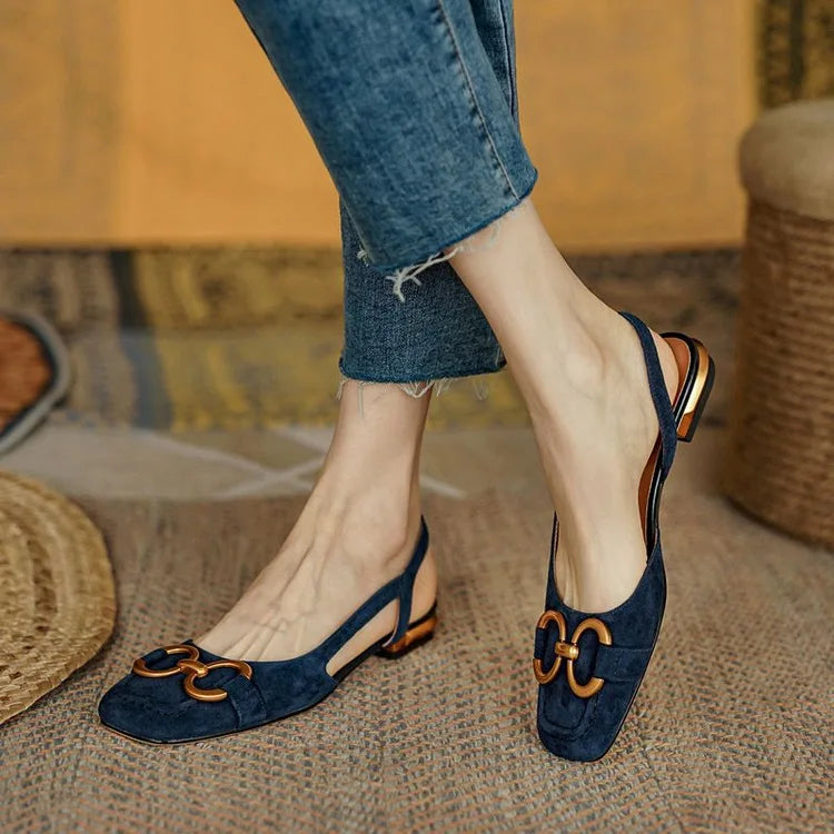 Leather slingback flat with vamp buckle, side cutout and squared toe