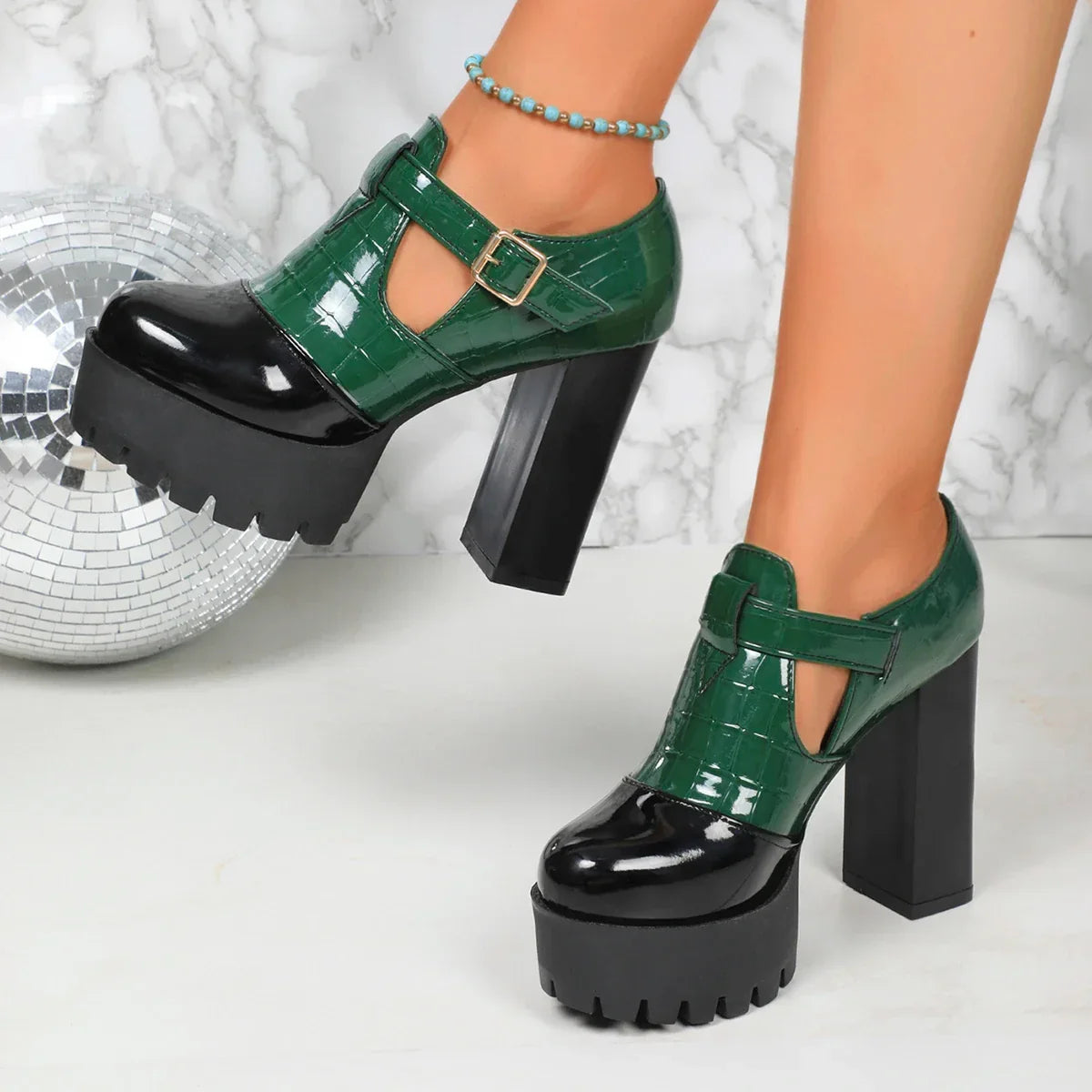 Croc-effect block heel sandals with an adjustable gold-tone front strap and enclosed heel