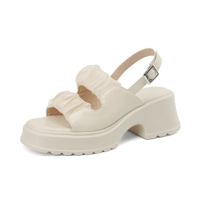 Ruched double-strap chunky heeled sandals with adjustable ankle strap and buckle closure
