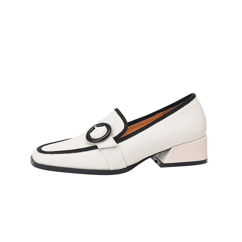 Premium Italian leather slip-on loafers with a low heel in black, white and khaki