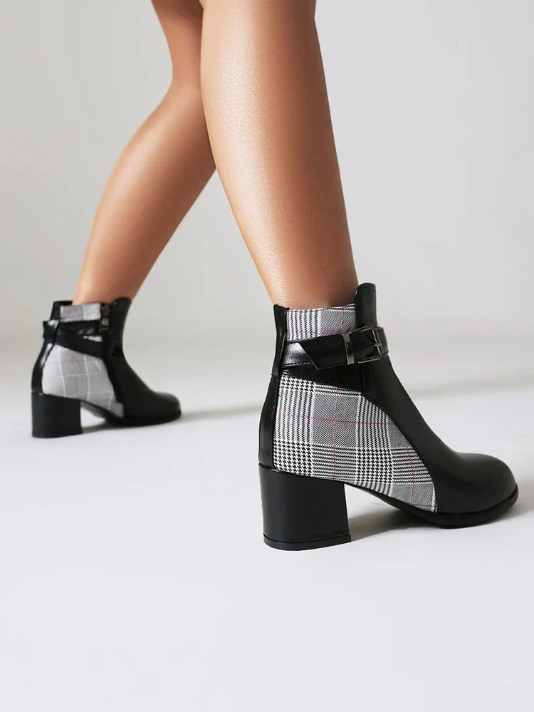 Checkered patchwork block heel boots with buckle strap and smooth eco-leather