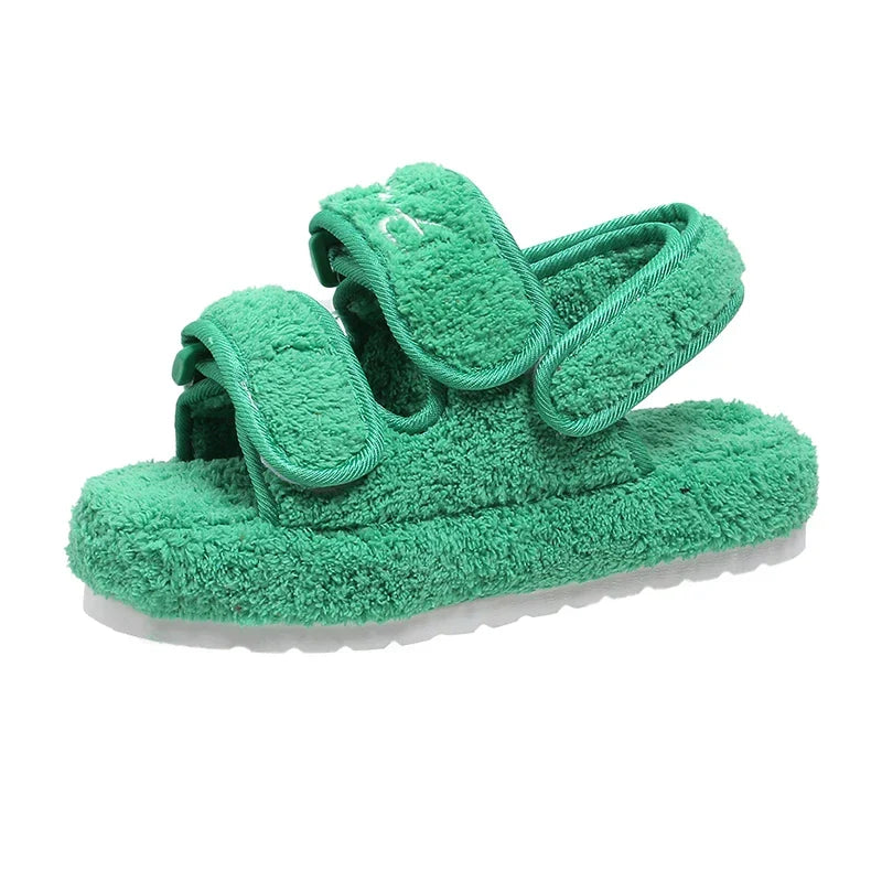 Plush terry platform slide sandals with adjustable velcro straps in bold colours