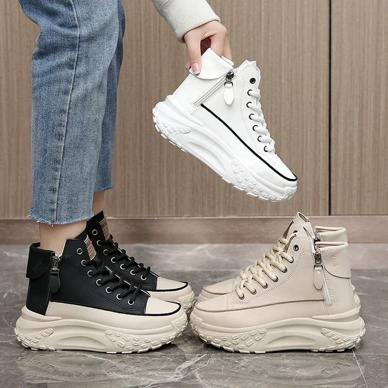 Platform high-top sneakers with side zippers and chunky sole in white, beige and black