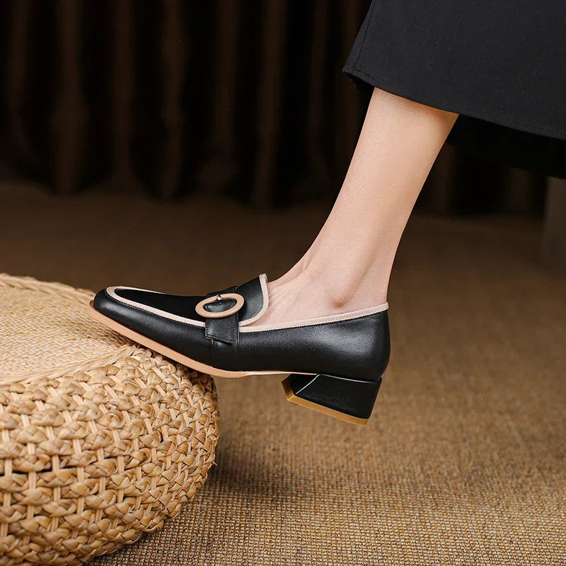 Premium Italian leather slip-on loafers with a low heel in black, white and khaki