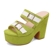 Chunky platform heeled suede sandals with dual buckle straps in vibrant colours