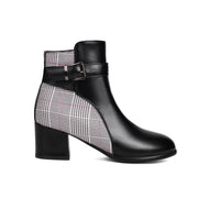 Checkered patchwork block heel boots with buckle strap and smooth eco-leather