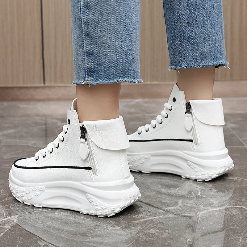Platform high-top sneakers with side zippers and chunky sole in white, beige and black