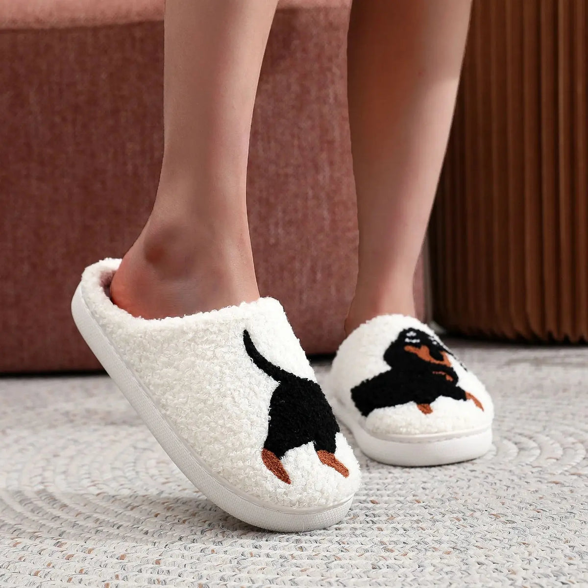 Dachshund novelty slippers with cushioned insole and non-slip white sole