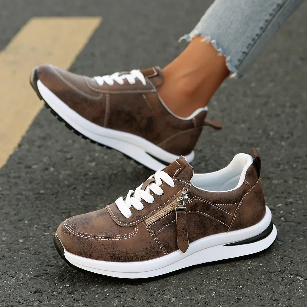 Vanessa lace-up platform sneakers with side zipper in brown and black