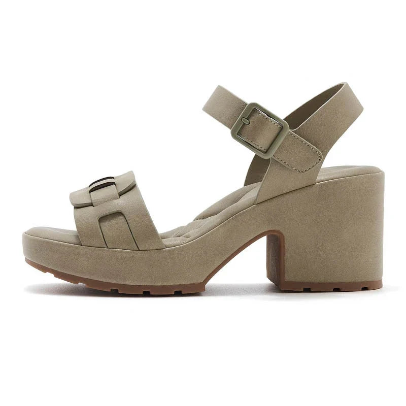 Womens triple-strap block heel platform sandals with adjustable ankle strap in beige, black and khaki