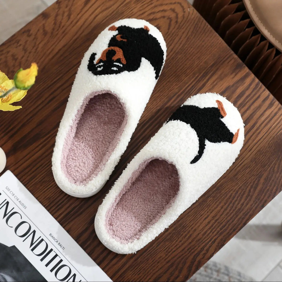 Dachshund novelty slippers with cushioned insole and non-slip white sole