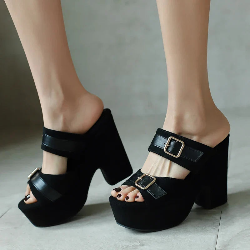 Chunky platform heeled suede sandals with dual buckle straps in vibrant colours