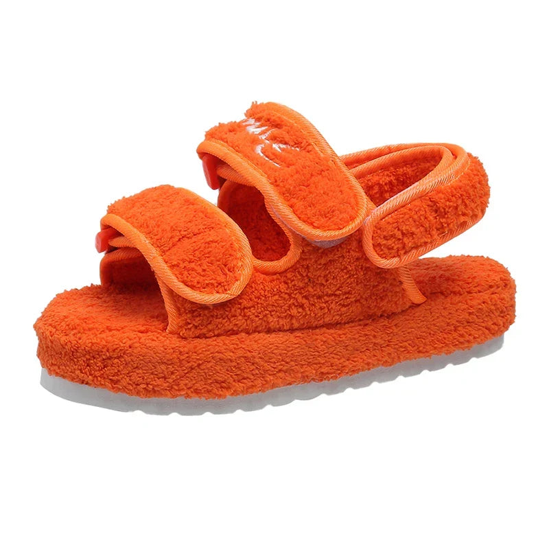 Plush terry platform slide sandals with adjustable velcro straps in bold colours