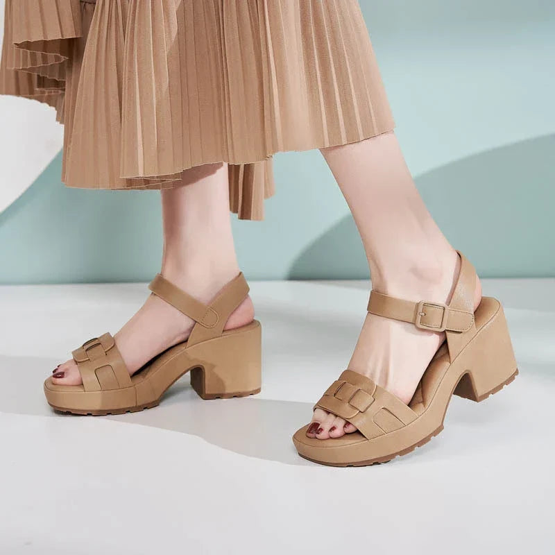 Womens triple-strap block heel platform sandals with adjustable ankle strap in beige, black and khaki