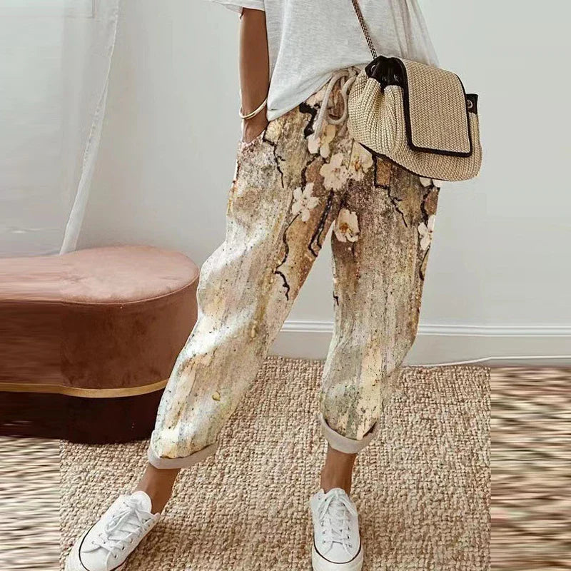 Ondrelle ethnic retro print pull-on pants in printed light brown with a straight-leg fit