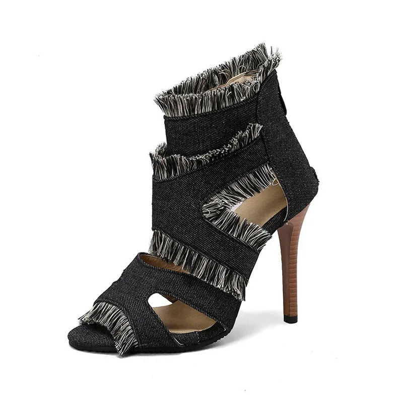Open-toe canvas stiletto heels with cutout design, raw-edge fringe and back zipper