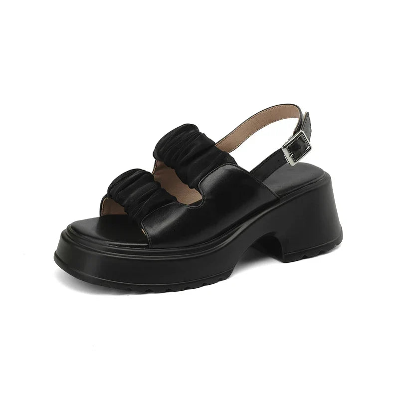 Ruched double-strap chunky heeled sandals with adjustable ankle strap and buckle closure