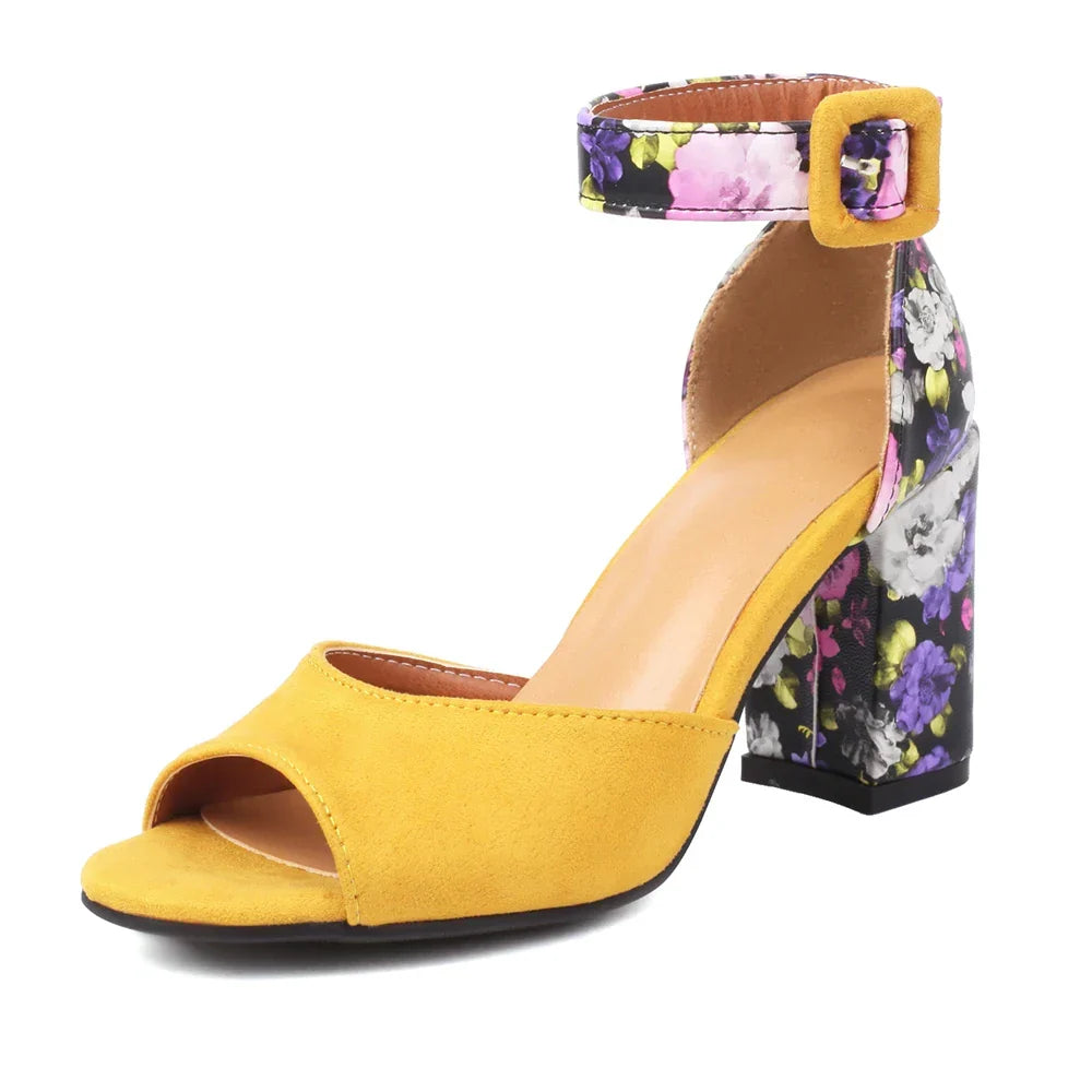 Floral-print peep-toe block heel sandals with adjustable buckle ankle strap in vibrant shades