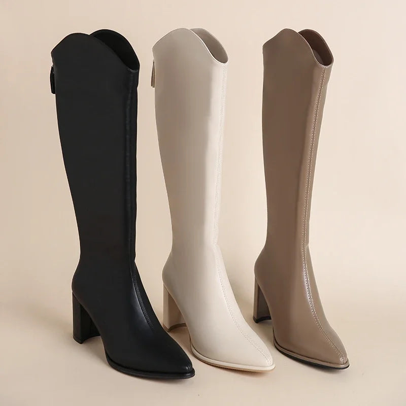 Knee-high block heel boots with zip closure in black, beige and brown