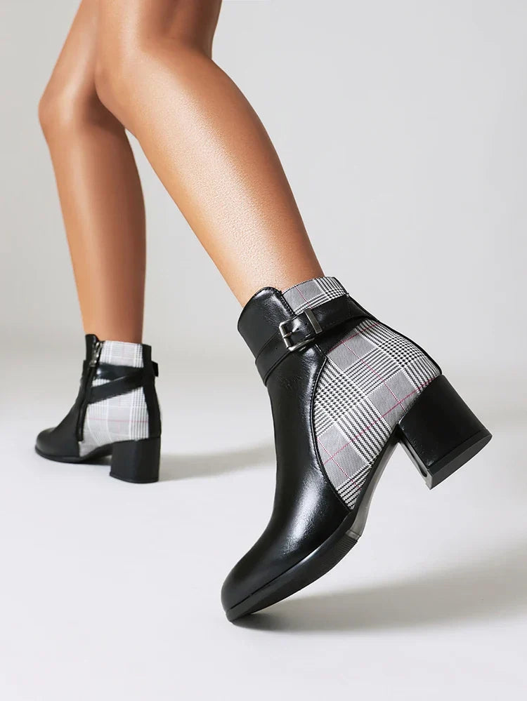 Checkered patchwork block heel boots with buckle strap and smooth eco-leather