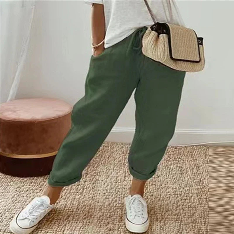 Solenne green ethnic retro print straight-leg pull-on pants with drawstring waist