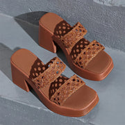 Chunky platform heels with wide braided straps, square toe and block heel