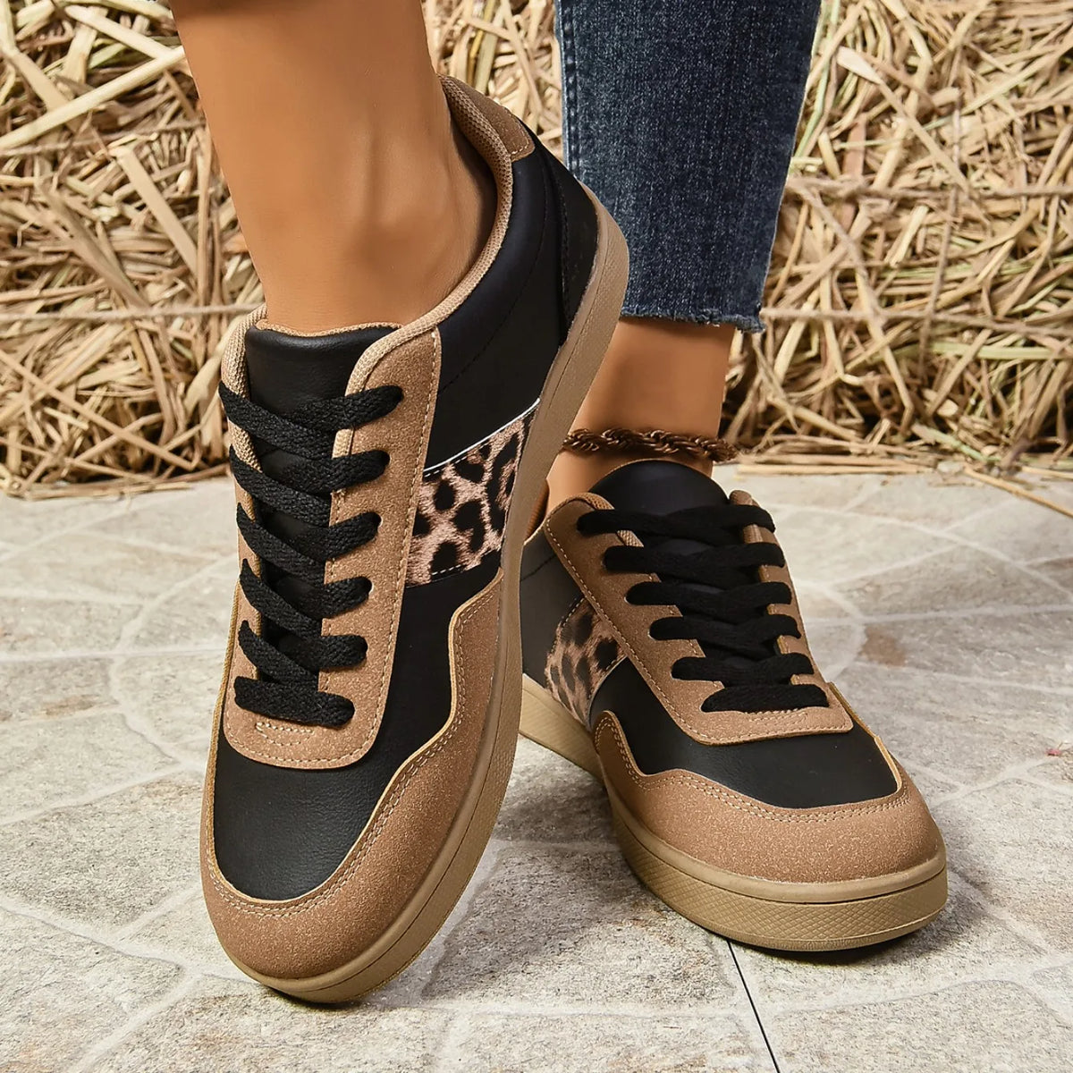 Leopard-print low-top sneakers with suede-texture panels in beige and black
