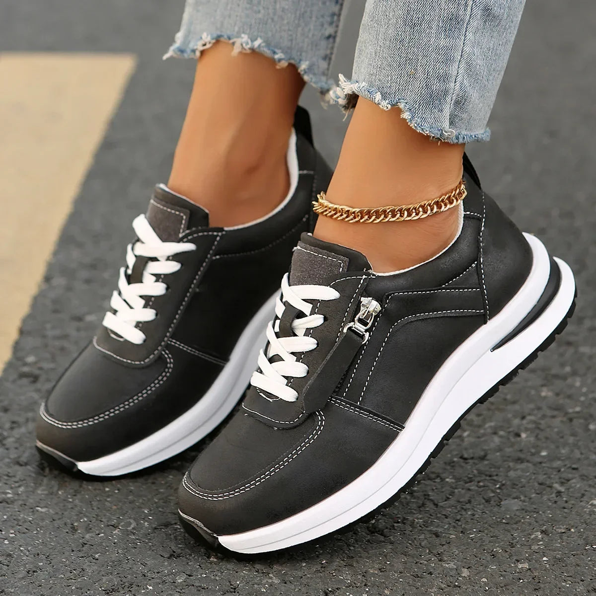 Vanessa lace-up platform sneakers with side zipper in brown and black