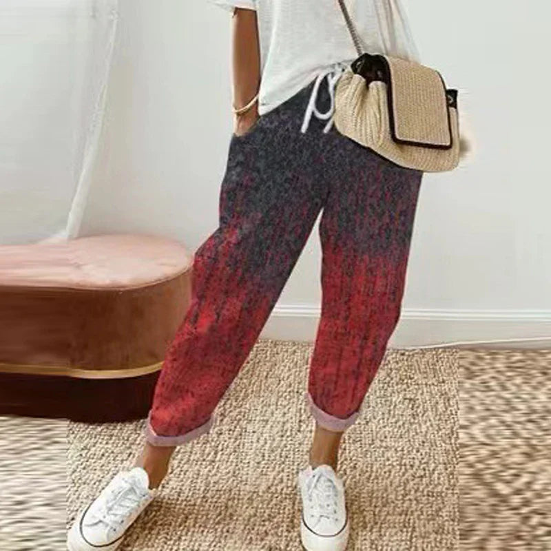 Carinthia ethnic retro print pull-on pants in red with a relaxed straight-leg fit